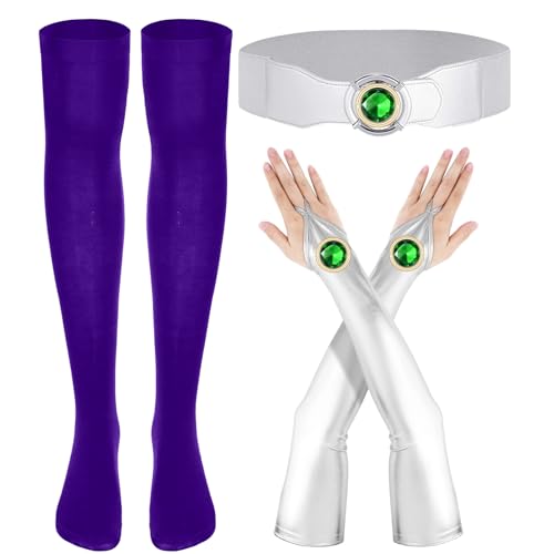 GANSHAYA 6 Pcs Halloween Star Cosplay Costume Accessory Silver Belt Fingerless Gloves Knee High Socks Artificial Gemstones for Halloween Woman Comic Cosplay Party Dress Up Outfit