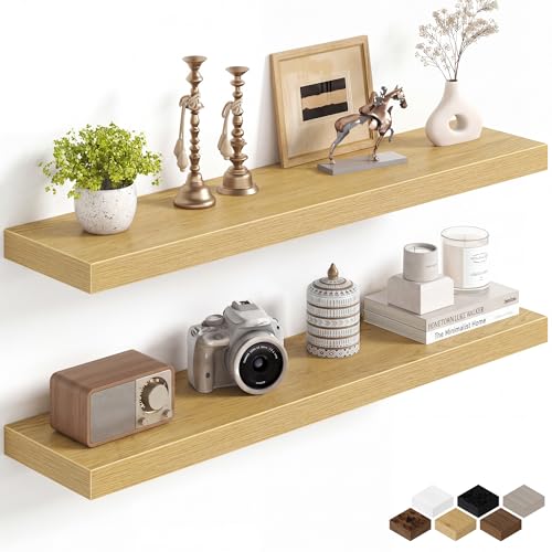 Image of Fun Memories 36Inch Floating Shelves for Wall, 8 Inch Deep Shelves for Bathroom|Bedroom|Kitchen, Large Wall Mounted Wood Hanging Shelf with Invisible Brackets for Home Storage Decor, Oak - 2 Pack