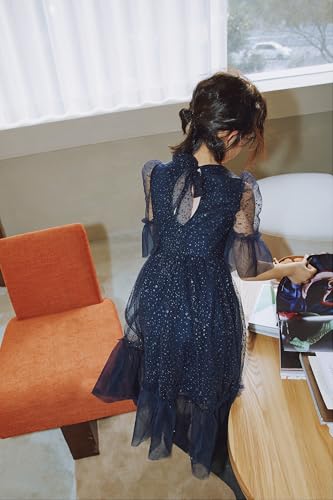 New Girls 3-11Y Navy Sparkly Mesh Dress Ruffle Sleeve Party Dress Back Zip3