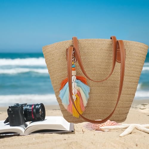 Bolsa de playa tejida con asa para mujer marrón miniatura 3
