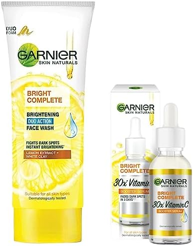 Garnier Light Complete VITAMIN C Booster Face Serum 30 ml & Garnier Skin Naturals Light Complete Duo Action Facewash, 100g