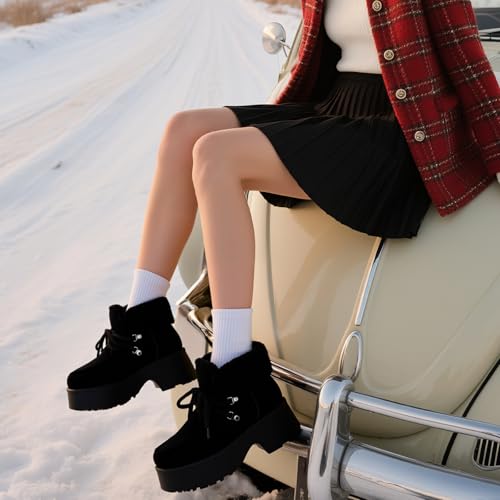 Women's Combat Ankle Boots Chunky Heels: Platform Lace Up Faux Fleece Lined Cozy Winter Snow Boot with Goth2