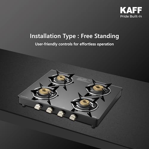 Image of KAFF CTC 63 4B Gas Stove /Cooktop 4 Burners with Manual Ignition 63 CM, High Efficiency Brass Burners, Black Tempered Glass, Enamelled Pan Support (Black)