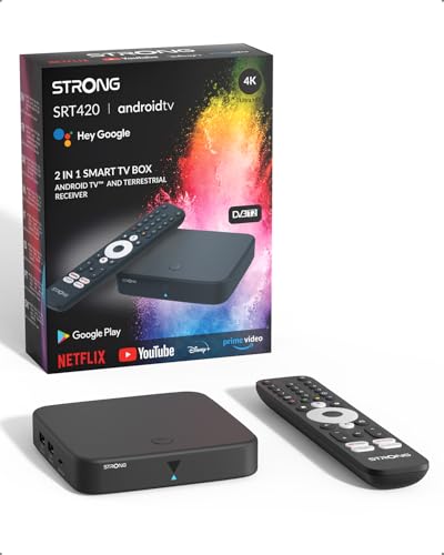 STRONG SRT420 TV Box Android TV 4K con Puerto Ethernet, DVB-T2, 2GB RAM + 16GB Almacenamiento, Chromecast Integrado, WiFi, Asistente De Voz Google, HDR10+, Dolby Audio Y Dolby Vision STRONG SRT420 TV Box Android TV 4K con Puerto Ethernet, DVB-T2, 2GB RAM + 16GB Almacenamiento, Chromecast Integrado, WiFi, Asistente De Voz Google, HDR10+, Dolby Audio Y Dolby Vision