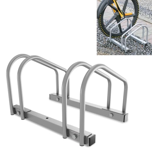 Juego de 2 soportes para bicicletas para 2 bicicletas, de acero galvanizado, ancho de neumático de 35 a 55 mm, distancia de aparcamiento de 30 cm, para garaje, sótano, patio, color plateado
