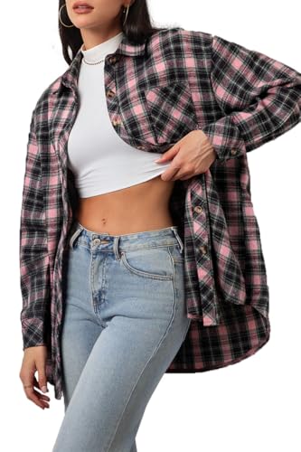 Image of CHYRII Womens Button Down Flannel Shirts Long Sleeve Plaid Shackets Business Casual Blouse Top