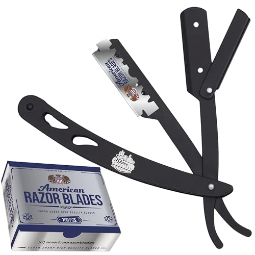The Shave Factory Straight Edge Razor Kit - with Single Stainless Steel razors (Black + American Razor)