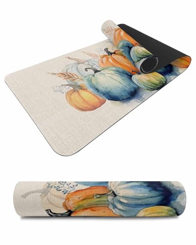 Debedcor Heat Proof Table Pads Waterproof Decorative, Orange Blue Pumpkins Non-Slip Table Countertop Protector, Autumn Eucalyptus Leaves Burlap Insulation Mat for Kitchen Room, 40 x 12 Inches