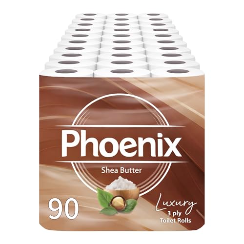 Phoenix Toilet Rolls – 90 Pack | 3 Ply Shea Butter Scented Toilet Paper | Bulk Buy, Soft, Quilted, Sustainably Sourced, Eco- Friendly Luxury Bathroom Tissue