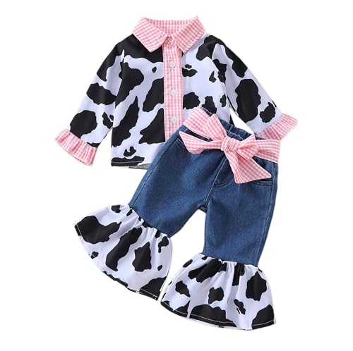 Emmababy Cowgirl Outfit Toddler Girl Button Shirt Long Sleeve Cow Print Top Bell Bottom Jeans Denim Set Western Baby Clothes