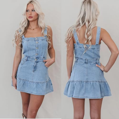 utcoco Womens 2025 Denim Dress Sleeveless Strap Slim Button A-Line Mini Jean Dresses with Pockets2