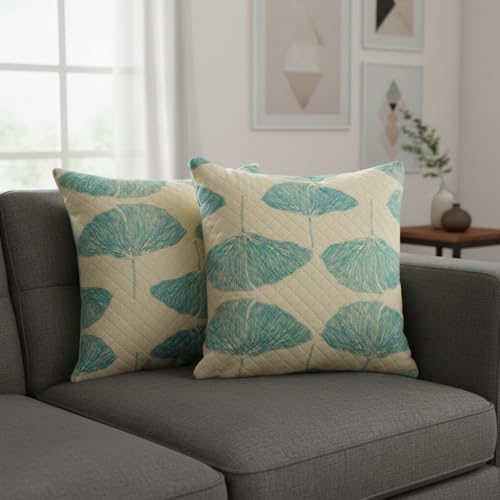 Image of STITCHNEST 'QuadraNest' Series Printed Quilted Velvet Cushion Cover 16x16 Inch Set of 2 | Premium Soft Fabric, Washable & Fade Resistant | Decorative Living Room Cushion Covers | Botanica Weave