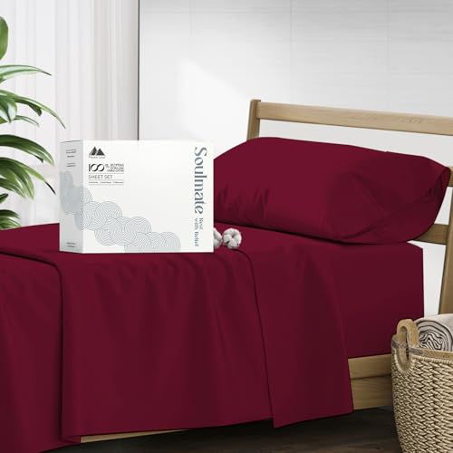 Mayfair Linen Twin Sheet Sets Cotton - Luxury 500 Series Soulmate Collection 100% Egyptian Cotton Twin Sheets (3 PC, Burgundy), Extra Soft, Cooling, Sateen Weave, 16" Deep Pocket Hotel Bed Sheet Set