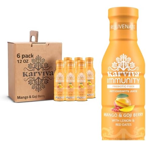 Karviva Immunity Support Juice Plant Based, 6 Bottles, 12 fl oz Each, Mango and Goji Berry with Lemon and Red Dates Natural Electrolyte High in Antioxidants Juice Cover