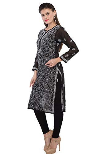 Image of Ada Lucknow Chikankari Hand Embroidered Faux Georgette Kurta Kurti Tunic Dress for Women A95504