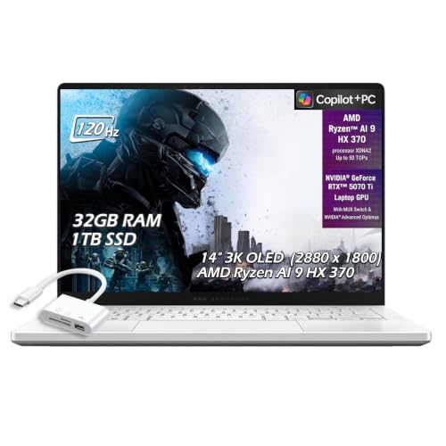 Image of ASUS ROG Zephyrus G14 Copilot+ PC Gaming Laptop, 14" OLED 3K 120Hz, AMD Ryzen AI 9 HX 370, NVIDIA GeForce RTX 5070Ti, WiFi7, Win11, Platinum White, (32GB RAM |1TB SSD), w/USB Hub, W/GaLiMu
