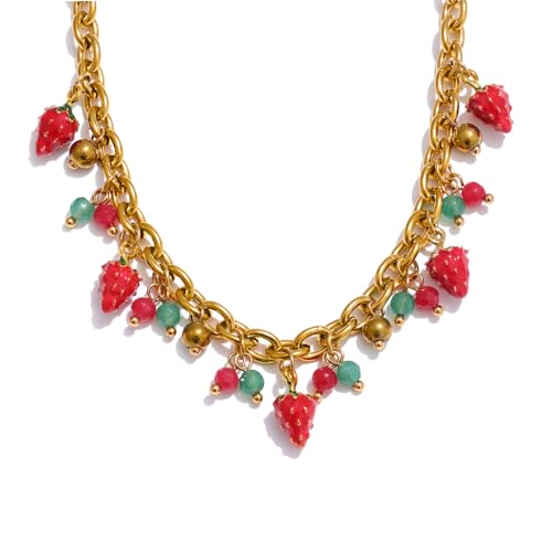 Mchic Strawberry Charm Necklace for Women Gold Paperclip Chain with Red Green Stone Dangle Y2K Aesthetic Cute Fruit Jewelry for Teens