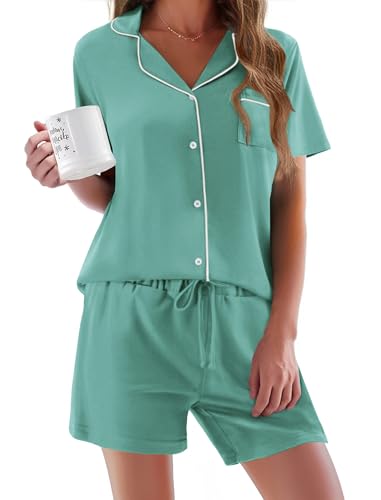 Image of Ekouaer Pajamas Set for Women Short Sleeve Sleepwear Button Down Pjs Soft 2 Piece Lounge Sets XS-XXXL