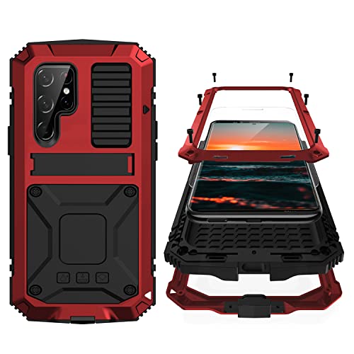 Samsung Galaxy S22 Plus Aluminum Metal Bumper Silicone Case with Stand, Water Resistant, Heavy Duty Rugged, Built-in Screen Protector, Black