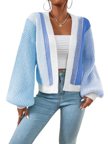 ebossy Women's Vertical Stripes Lantern Sleeve Cropped Cardigan Color Block Open Front Dopamine Cute Sweater Outwear
