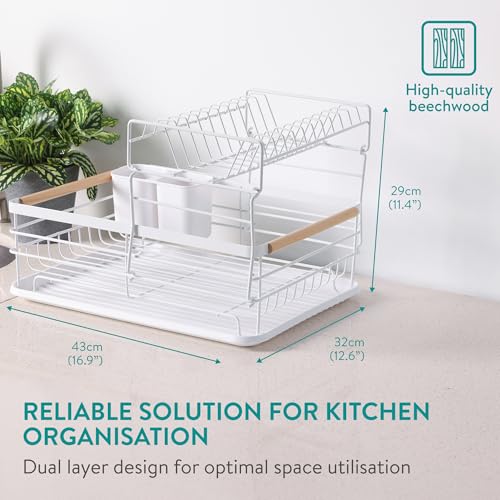 Navaris 2 Tier Dish Rack - Compact Drying Kitchen Board with Drip Tray & Cutlery Holder - Easy to Assemble and Clean Dishes - Sink Drainer Rack - White - Image 5