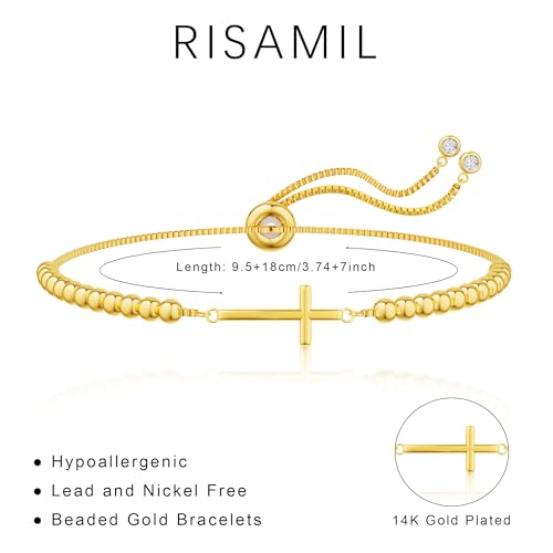 Gold Beaded Bracelets for Women, Dainty 14K Gold Plated Beaded Charm Bracelets for Women Trendy Gold Ball Stretch Bracelets Non Tarnish Fashion Jewelry for Women Cute Gifts Adjustable3