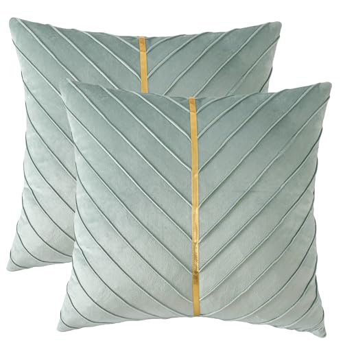Tosleo Lot de 2 Housses de Coussin décoratives Modernes en Velours pour canapé, Salon, Chambre à Coucher, canapé, lit, avec Cuir doré, 45 x 45 cm, Vert...