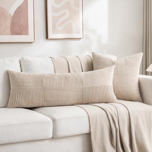 Image of Fancy Homi Set of 2 Tan Boho Long Lumbar Body Decorative Throw Pillow Cover 14x36 Inch for Bed Couch Bedroom Bench, Soft Patchwork Corduroy Textured Pillow Case, Rustic Farmhouse Room Decor
