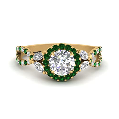 Image of Choose Your Gemstone Floral Split Shank Halo Engagement Ring Yellow Gold Plated Round Shape Split Shank Engagement Ring Lightweight Office Wear Everyday Gift Jewelry US Size 4 to 12