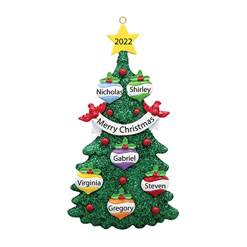 Personalized Green Glitter Tree Family of 6 Christmas Ornament 2019 - Colorful Bauble