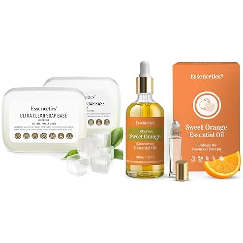 4 fl oz Sweet Orange Essential Oil & 5 LB Ultra Clear Glycerin Soap Base Bundle - 100% Pure & Natural - SLS Free & Vegan - Organic Melt and Pour Soap Base - DIY Soap Making Kit Cover