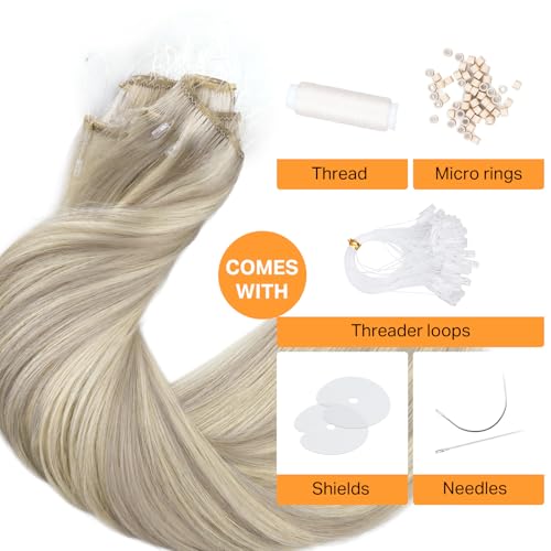 Image of DOORES Beaded Weft Real Humam Hair, 16 Inch 100g Ash Blonde Highlighted Platinum Blonde, Human Extensions Micro Loop Beaded Weft for Women