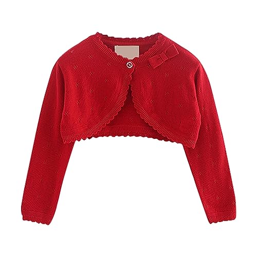 Girls 𝗦hrugs B𝗼lero Long Sleeve Cardigan Kid Button Closure Sh𝗿ug Crop Top Part𝘆 Church Dress Cover (Red, 5-6 Years)