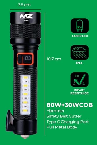 Image of MZ M987 Car Emergency Flashlight with Safety Hammer & Seatbelt Cutter,80W + 30W COB Zoomable LED Torch,5 Light Modes,700ft Long Range,Rechargeable via Type-C, IPX4 Waterproof - Black