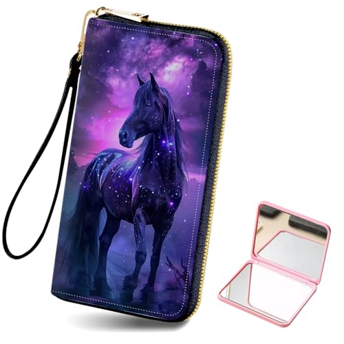 Women's Card Holder Wristlet Wallet, Convenient Travel Long Wallet with Strap and Pink Compact Mirror, Fashion and Sturdy Wristlet Long Purse for Women, Beautiful Horse Glittering Stars