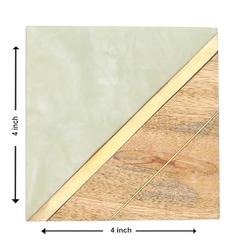 Image of iIreka Home Earth's Edge Coaster Set (Set of 4) - Mango Wood & Mint Resin with Gold Partition, Calm Sophistication - Coffee Table Decor, Modern Cup Coaster for Kitchen, Tea, Coffee Mugs & Glasses