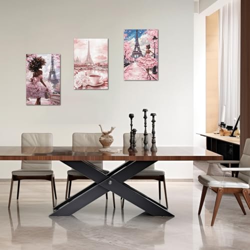 Image of PBXBJY Paris Wall Art Eiffel Tower Pictures 3Pcs African American Paintings Abstract French Landscape Posters Elegant Women Canvas Prints Black Girls Bedroom Decor (Pink, (16 inch x 24 inch x 3PCS))