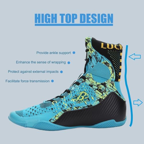 Image of Professional High-Top Boxing Shoes for Men & Women - Lightweight Wrestling Boots with Rubber Grip Sole - Breathable Microfiber & Mesh Training Shoes for MMA, Gym & Lifting (Grey, White, Blue)