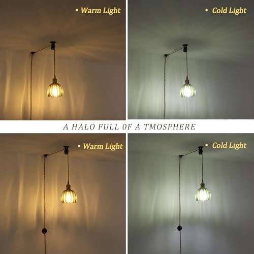 Image of Shenmoyl Plug in Pendant Light Hanging Light Fixture Corded On /Off Switch Brass Pendant Light with Green Tulip Glass Lampshade for Bedroom Living Room Kitchen Island