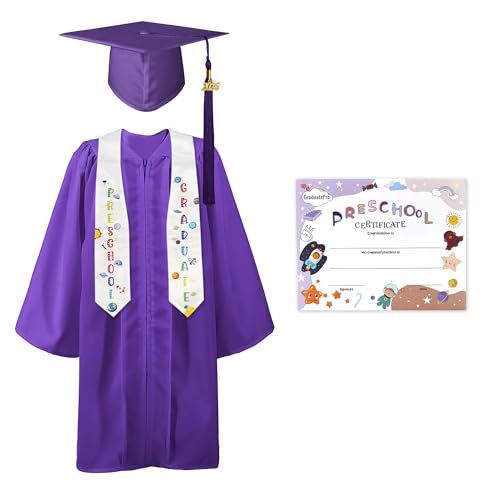 GraduatePro Preschool Graduation Cap Gown Class of 2026 Stole Certificate Package Tassel Set Grad Gift for Kids Purple 36