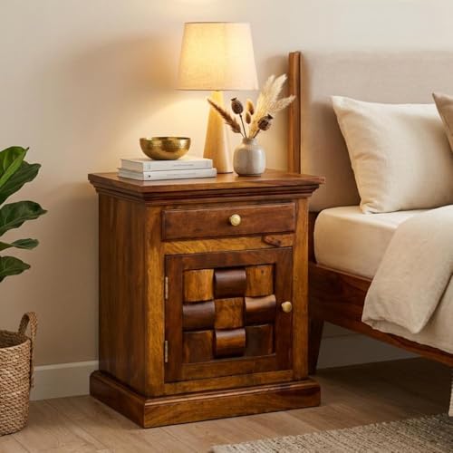 Image of Solid Sheesham Wood Niwar Bedside Table with Drawer and Door Storage for Bedroom Furniture | Wooden Nightstand Side Table for Living Room Home and Hotels | Honey Finish