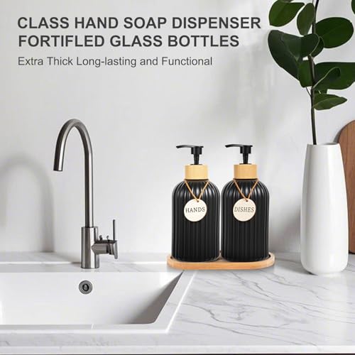 Image of 2 Pack ViserVita Glass Hand Soap Dispenser Set with Bamboo Pump, Elegant Refillable Liquid Dish Soap Dispenser with Tray, Perfect for Kitchen Sink and Bathroom Decor