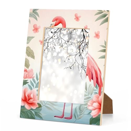 Foerrkelg Flamingo Flowers Picture Frame 4x6, Tropical Palm Leaves 4x6 Photo Frame Horizontal & Vertical Display 4 by 6 Wooden Picture Frame for Desktop or Wall Decoration