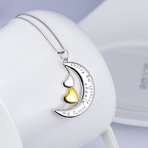 Daochong Sterling Silver Always My Sister Forever My Friend Moon Double Love Heart Pendant Necklace, 18" #TOP1