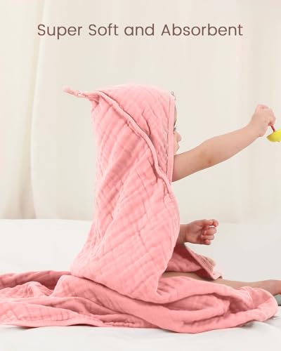 Image of 35x35 Inch 2 Pack 100% Muslin Cotton Baby Bath Towel, Hooded Baby Towels for Newborn, Soft Baby Beach Towels with Hood for Infants, Toddlers and Kids, Essentials Must Haves Dusty Pink+ White