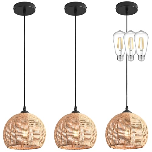 AyshwillDec 3 Pack Wicker Pendant Light Natural Woven Pendant Light Boho Chandelier Light Fixture Dome Rustic Farmhouse Pendant Lights Rattan Light Fixture for Dining Room Kitchen Island (Bulb Incl.)