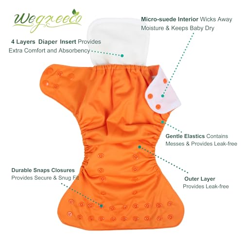 image for wegreeco Cloth Diapers 6 Pack with 6 Inserts & 1 Wet Bag, Washable Clo