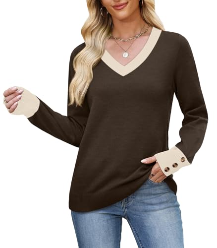 Image of WIHOLL Lightweight Sweaters for Women Long Sleeve V Neck Knit Outfits with Decorative Buttons