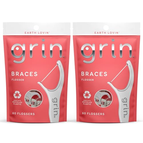Image of GRIN Braces Flosser, Floss Picks Designed for Braces, 60 Count, Dental Flossers, Recycled Plastic, Ortho Approved, Premium Thin Floss, Includes Handy Wax Scraper and Pick (Pack of 2)