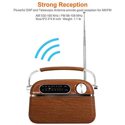SEMIER Retro AM FM Portable Radio Bluetooth Speak，Battery Operated Radio by 2X D Cell Batteries Or AC Power Vintage Transistor Radio with Big Speaker and Large Knob - Thumbnail 4